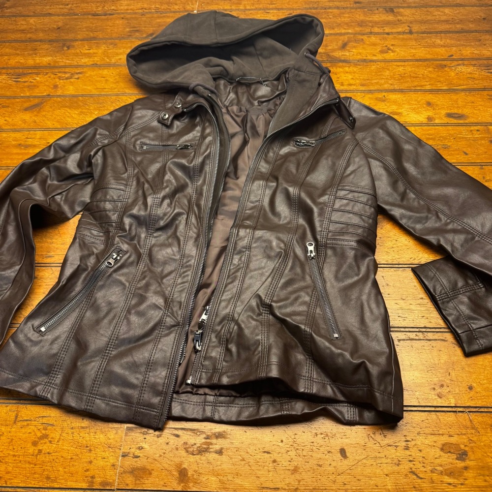 Newbestyle Womens‎ Brown Faux Leather Moto Jacket Removable Hood Size L